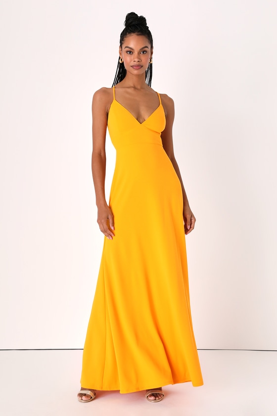 Lulus Be My Date Marigold Lace-up Maxi Dress In Gold