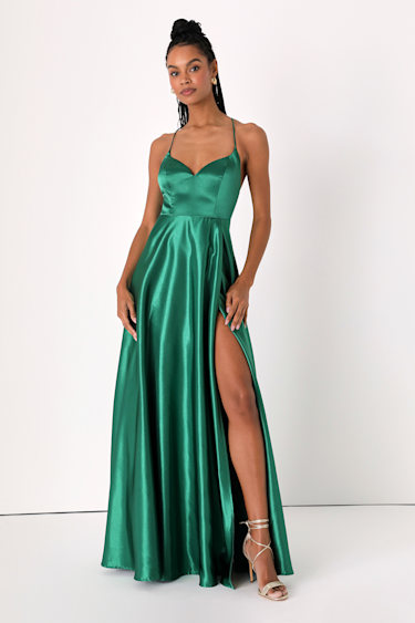 Ballroom Babe Emerald Green Satin A-Line Backless Maxi Dress