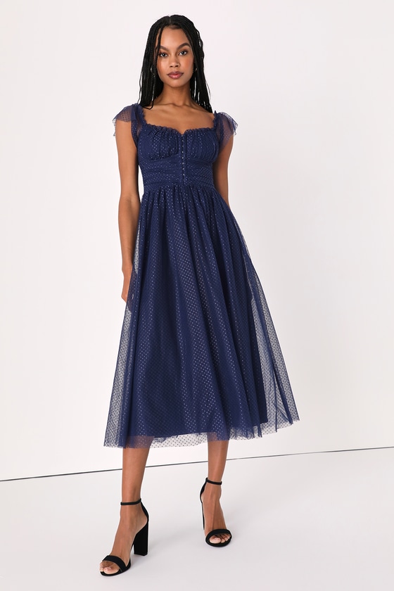 Lulus Regal Radiance Navy Blue Tulle Bustier Midi Dress