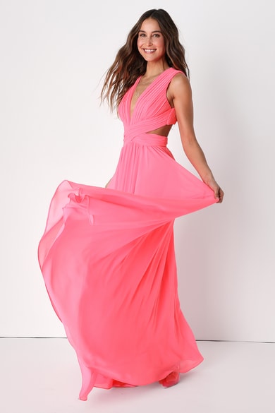 Hot Pink Satin Rhinestone Lace-Up Maxi Dress | Womens | X-Small (Available in S, M, L, XL) | 100% Polyester | Lulus | Stretchy Fabric