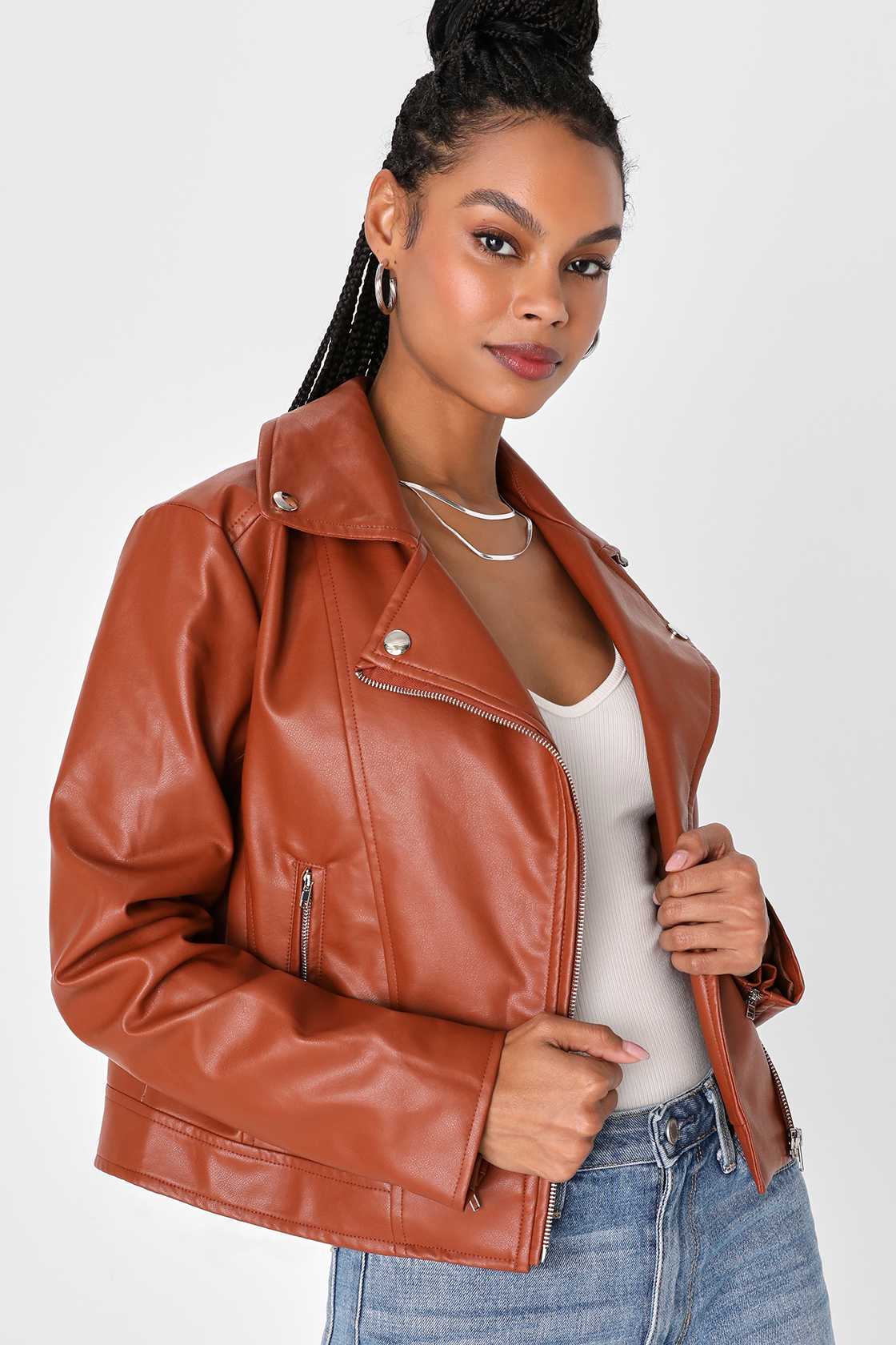 Oyemwen Vegan Leather Brown Moto Jacket main image 1