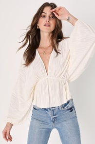 Radiant Flirt Ivory Satin Plisse Long Sleeve Top