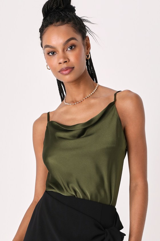 Emmerson Olive Green Satin Sleeveless Cowl Neck Bodysuit