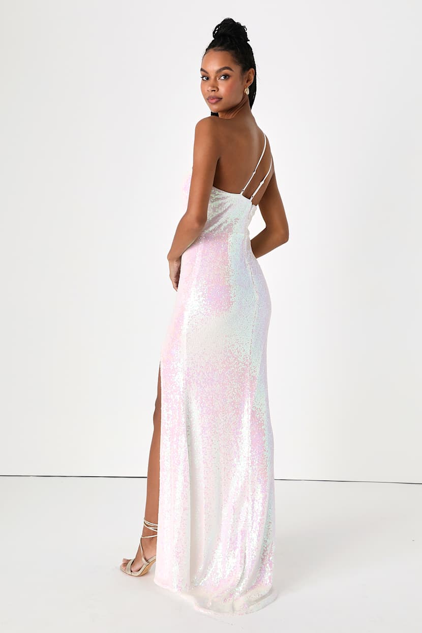 white iridescent prom dress White Sequins Iridescent V-Neck Lace-Up Prom Dress