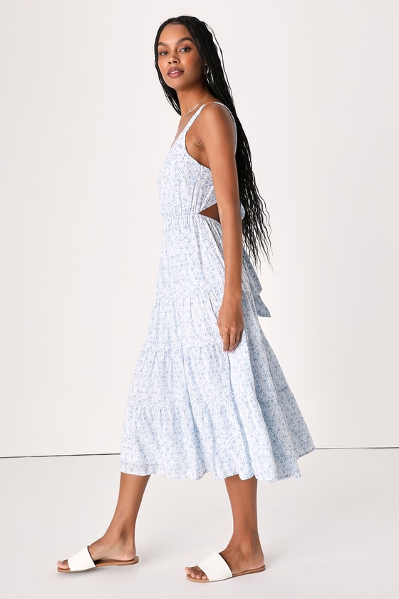 White & Blue Floral Midi Dress - Tiered Tie-Back Dress - Sundress - Lulus