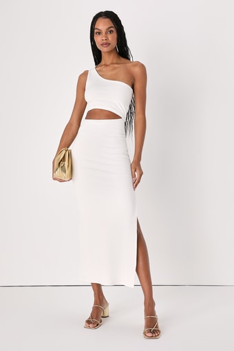 Spice Things Up Ivory Ribbed One-Shoulder Cutout Midi Dress