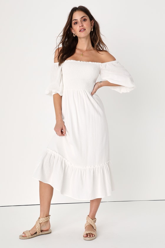 White Dress - Smocked Midi Dress - Puff Sleeve Dress - Lulus