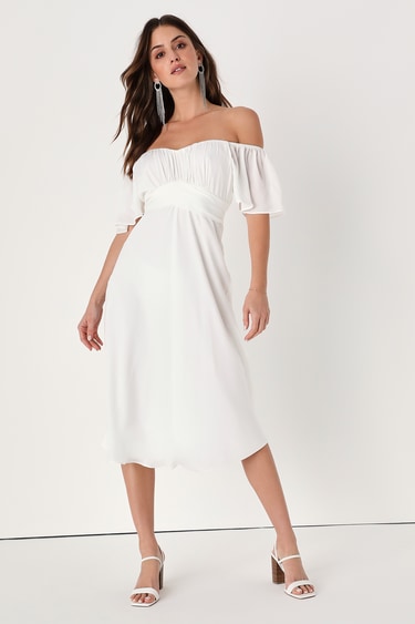 Elegant Wonder White Satin Off-the-Shoulder Midi Dress