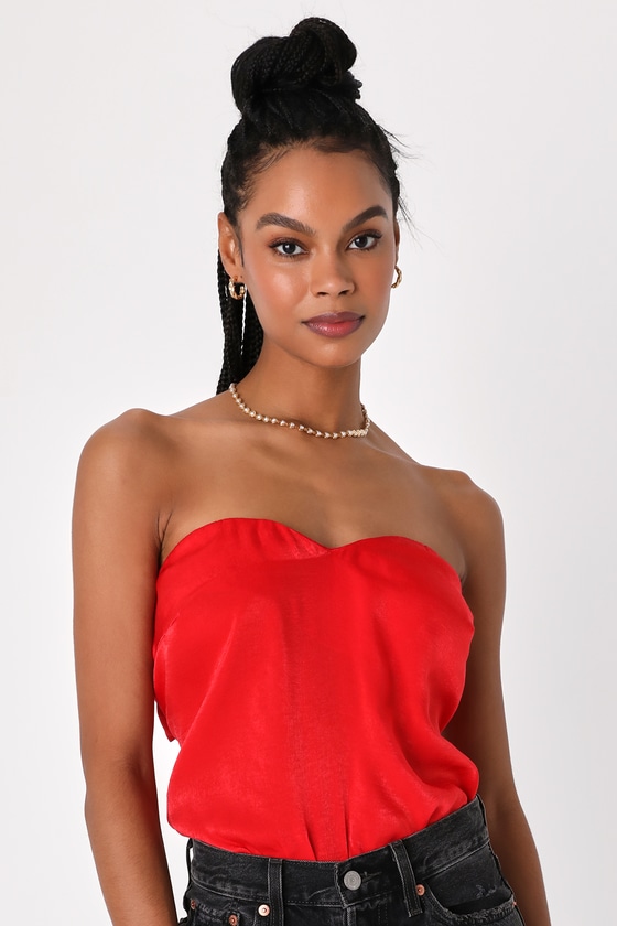 Lulus Knot Too Late Red Satin Knotted Strapless Bodysuit