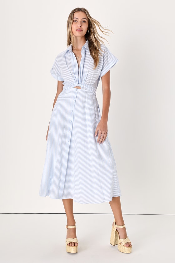 Lulus Adorable Impression White And Blue Midi Dress With Pockets