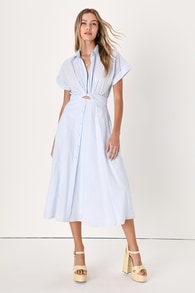 Adorable Impression White and Blue Midi Dress With Pockets