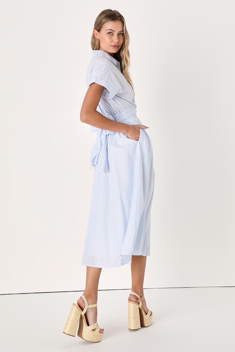 Adorable Impression White and Blue Midi Dress With Pockets