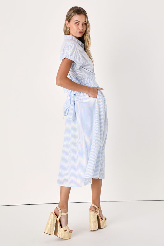 Blue Solid Midi Shirt Dress with Pockets main image 0