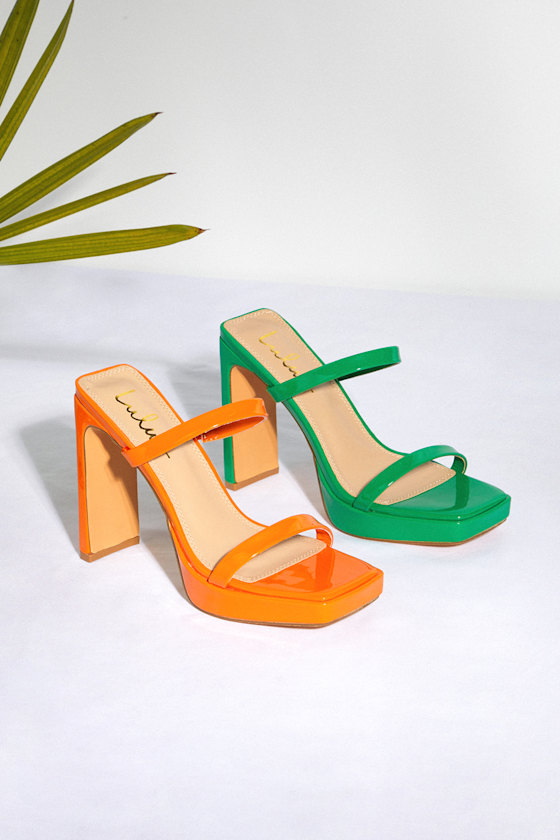 Fausee Green Patent Square Toe Platform Slide Sandals 6