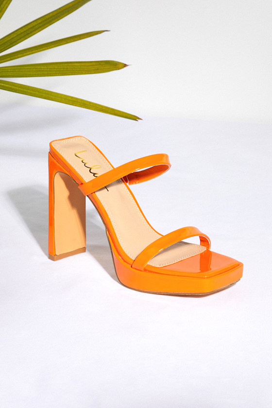 Fausee Orange Patent Square Toe Platform Slide Sandals 1