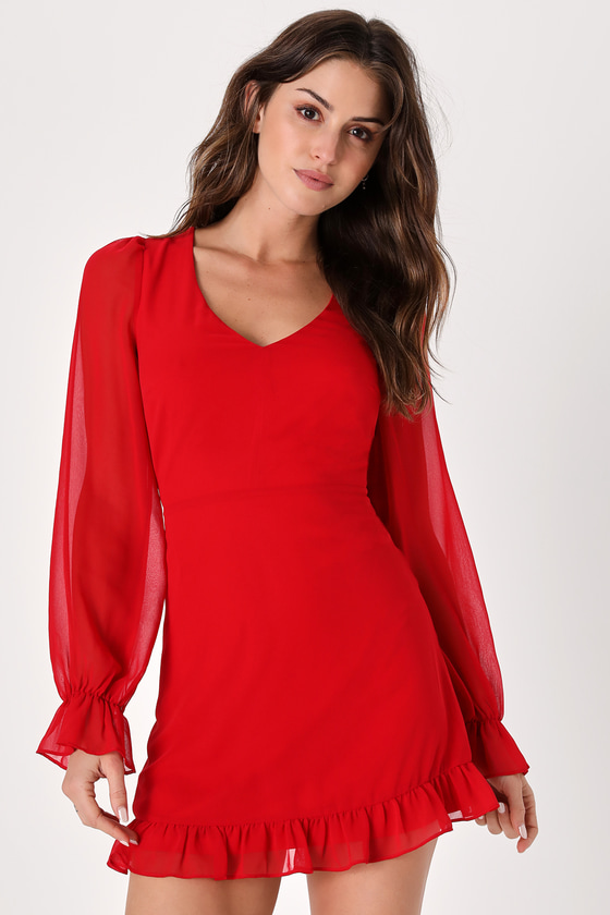 Chic Red Dress - Backless Mini Dress - Long Sleeve Skater Dress - Lulus