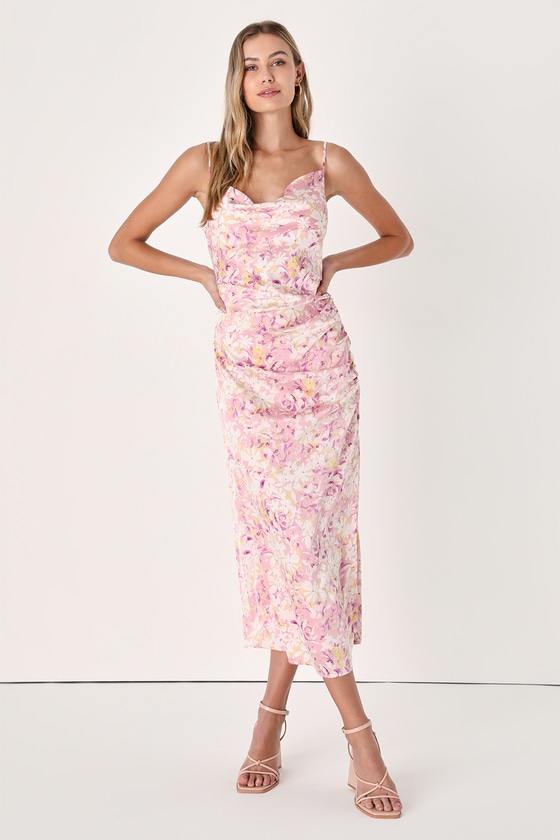 Lulus Truest Romance Pink Floral Print Sleeveless Ruched Midi Dress