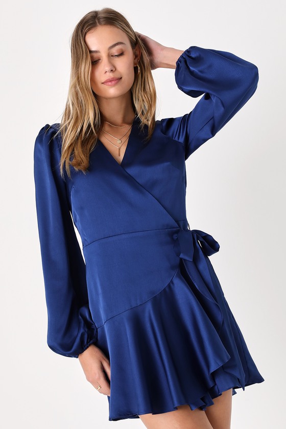 Navy Blue Satin Mini Dress - Long Sleeve Wrap Dress - Satin Dress - Lulus