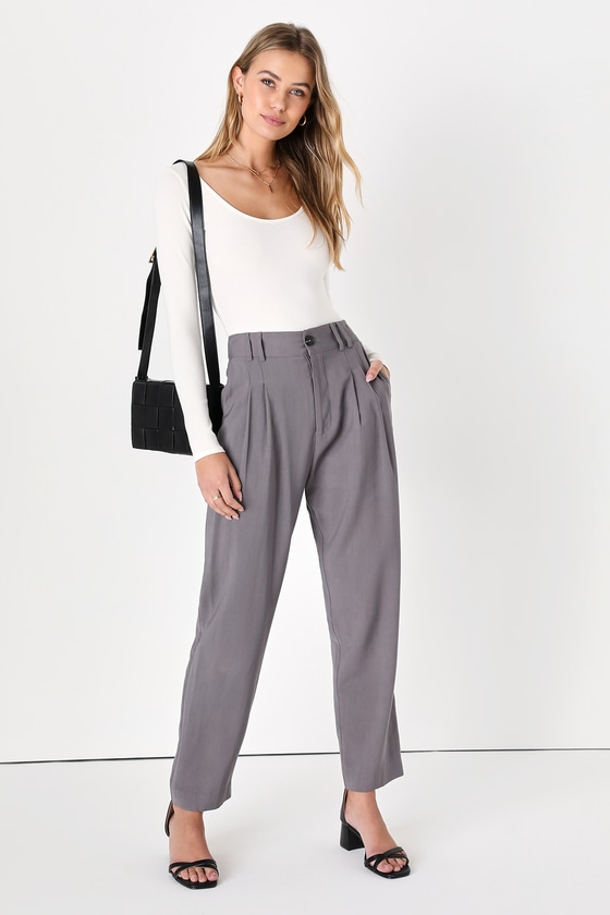 Lulus Strictly Business Grey High Waisted Trouser Pants