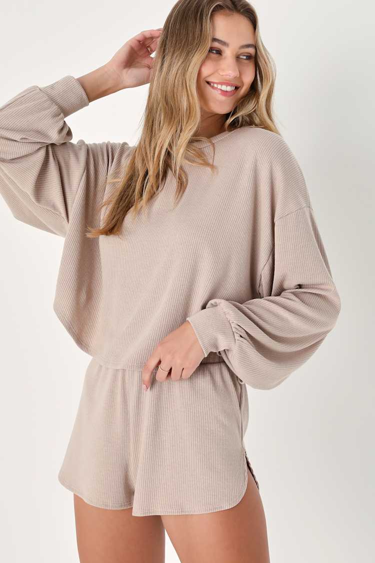 Cozy Dreams Beige Ribbed Knit Two-Piece Pajama Set
