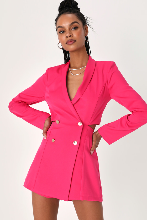 Lulus Ahead Of The Trend Hot Pink Long Sleeve Blazer Romper