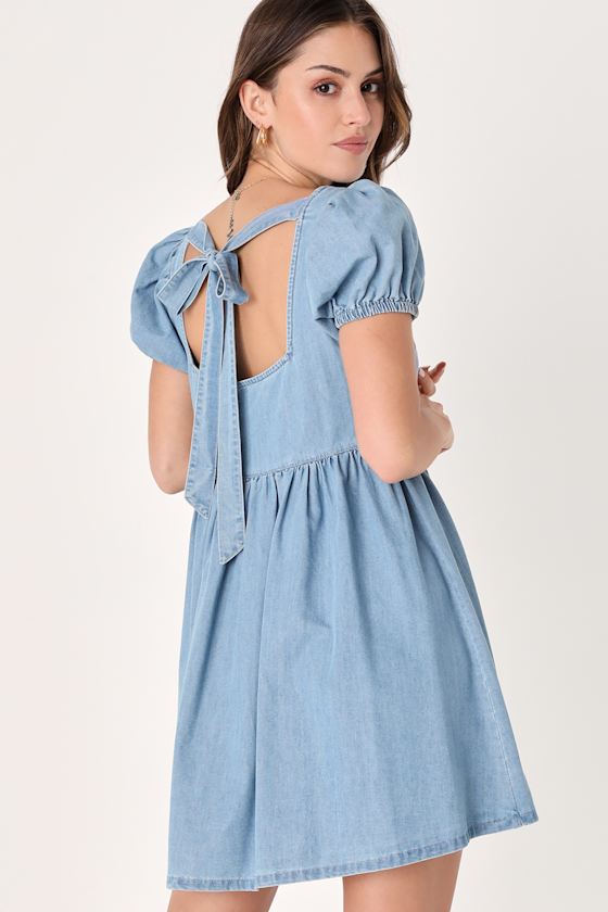 Chambray Mini Dress - Babydoll Dress - Square Neck Babydoll Dress - Lulus