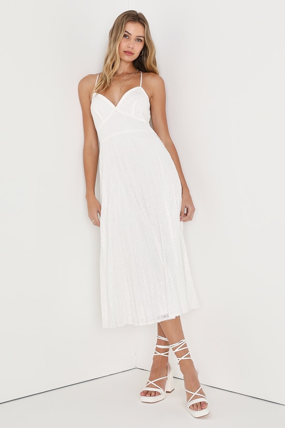 Lulus Vision Of Elegance White Sequin Pleated Midi Dress