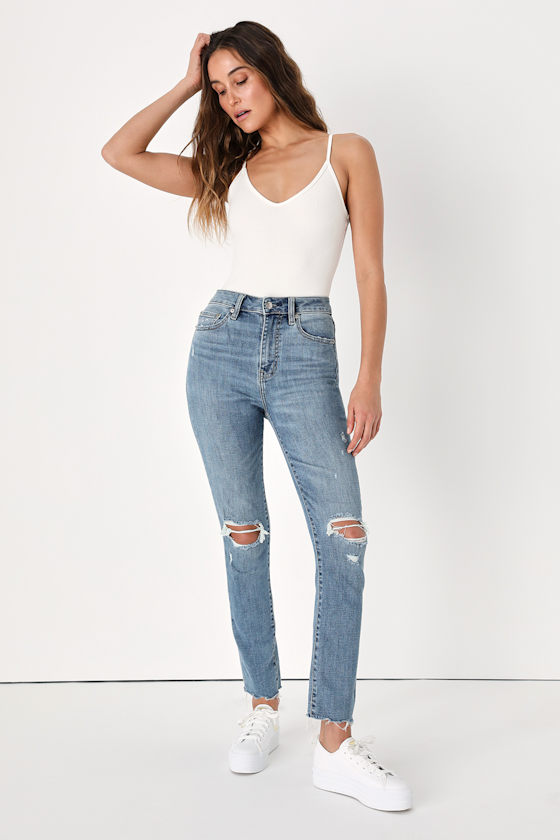 Daily Driver Light Wash Denim High Rise Distressed Skinny Jeans 1