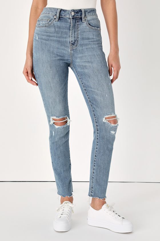 Daily Driver Light Wash Denim High Rise Distressed Skinny Jeans 4