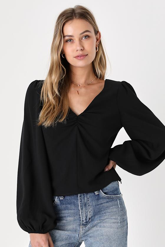 Black VNeck Blouse Balloon Sleeve Top VBack Top Lulus