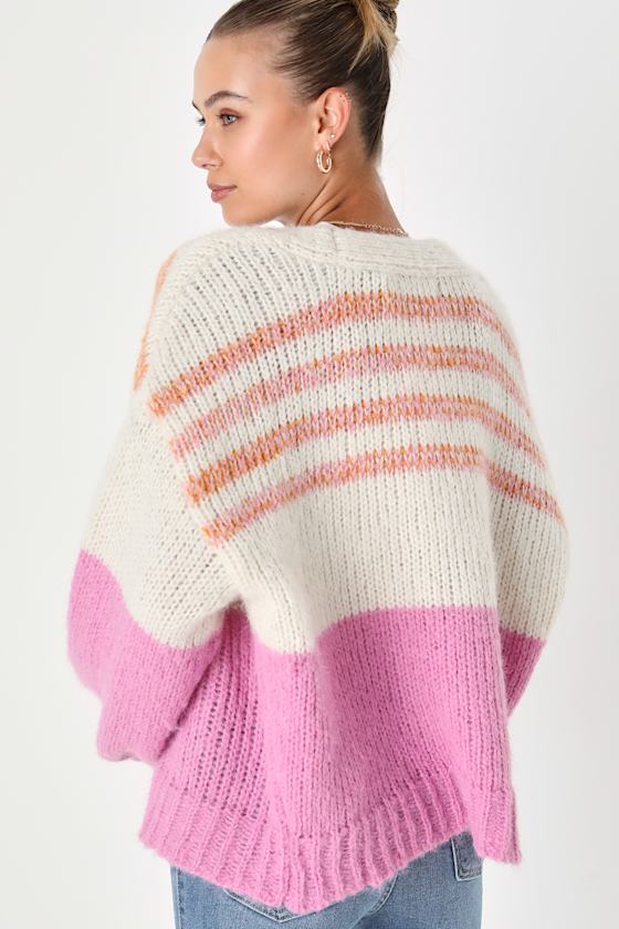 Malena Ivory and Pink Striped Chunky Open Front Cardigan 3