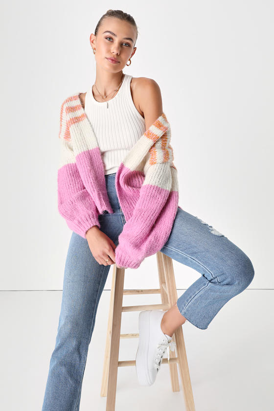 Malena Ivory and Pink Striped Chunky Open Front Cardigan 4