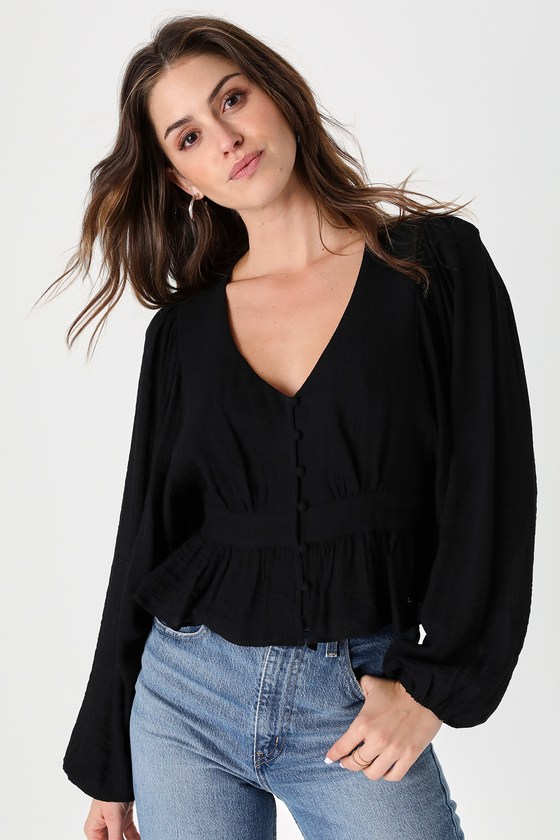 Black Cropped Top - Button-Front Long Sleeve Top - Cropped Blouse - Lulus