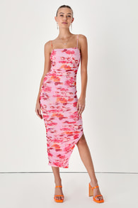 Stun and Only Pink Floral Print Ruched Mesh Bodycon Midi Dress