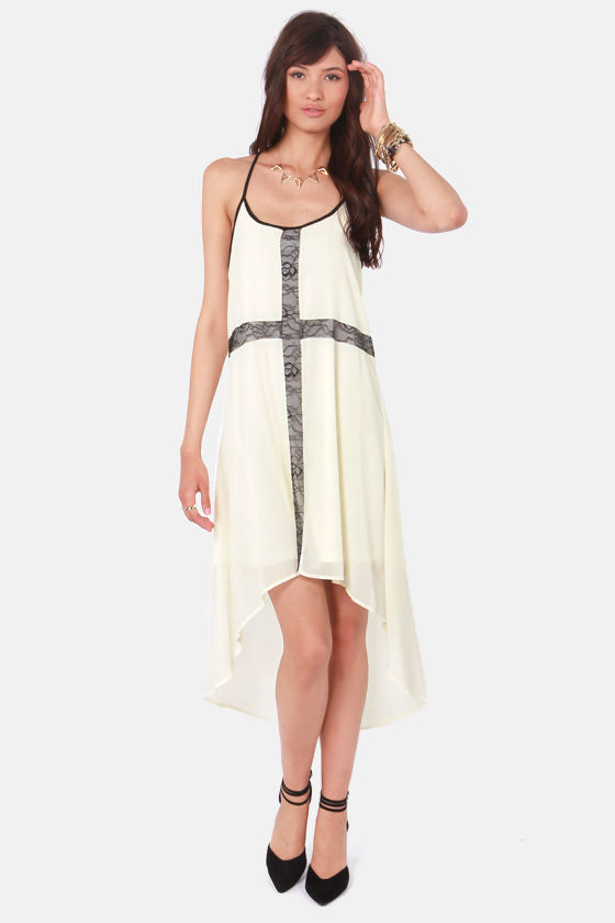 cream dress with black shoes