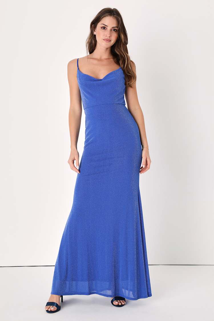 blue sparkly cowl neck dress Baron Light Blue Sequin Cowl Maxi Dress - US 4 main image 0