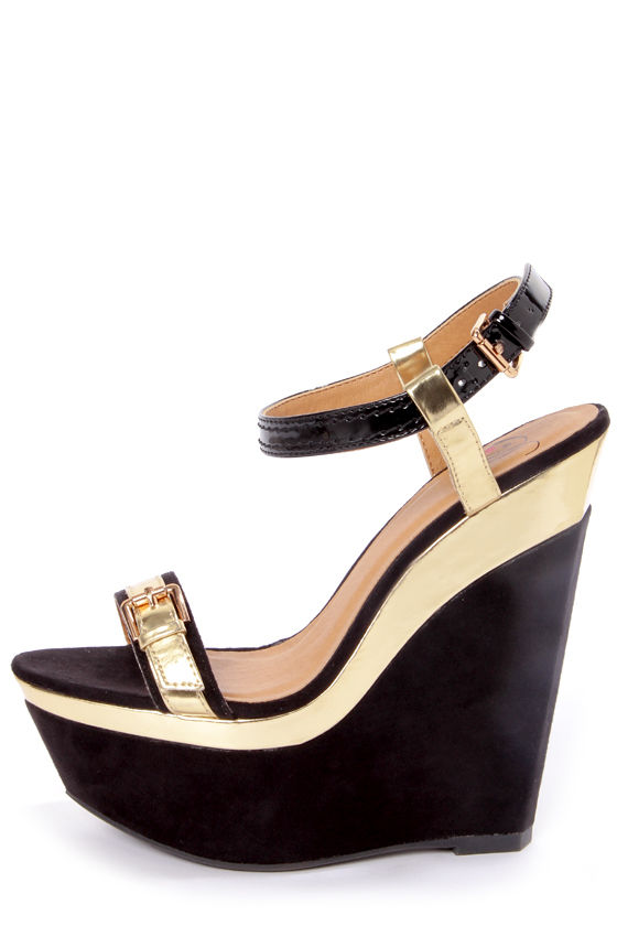 My Delicious Anshu Black and Gold Buckled Platform Wedges - $32.00 - Lulus