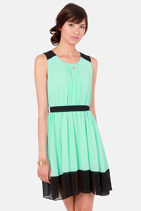 black and mint green dress