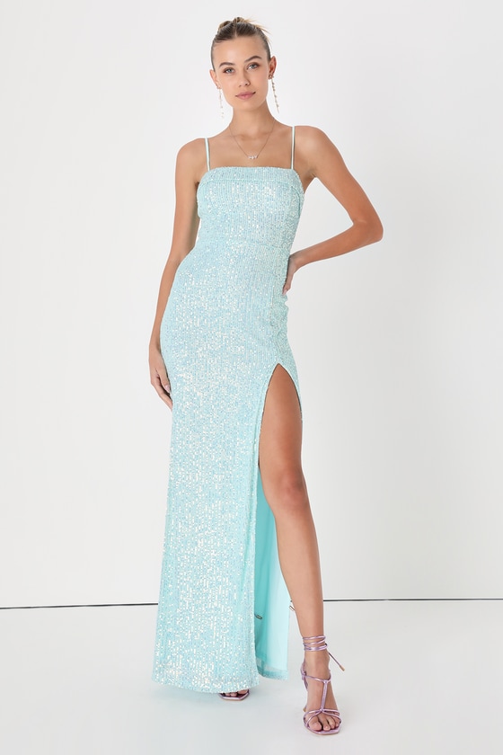 LULUS REMARKABLE RADIANCE LIGHT BLUE IRIDESCENT SEQUIN MAXI DRESS