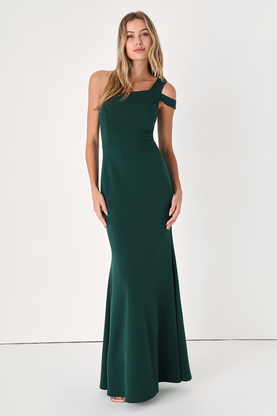 Make an Entrance Hunter Green One-Shoulder Mermaid Maxi Dress