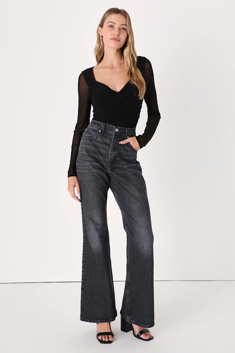Sheer Confidence Black Mesh Ruched Long Sleeve Bodysuit
