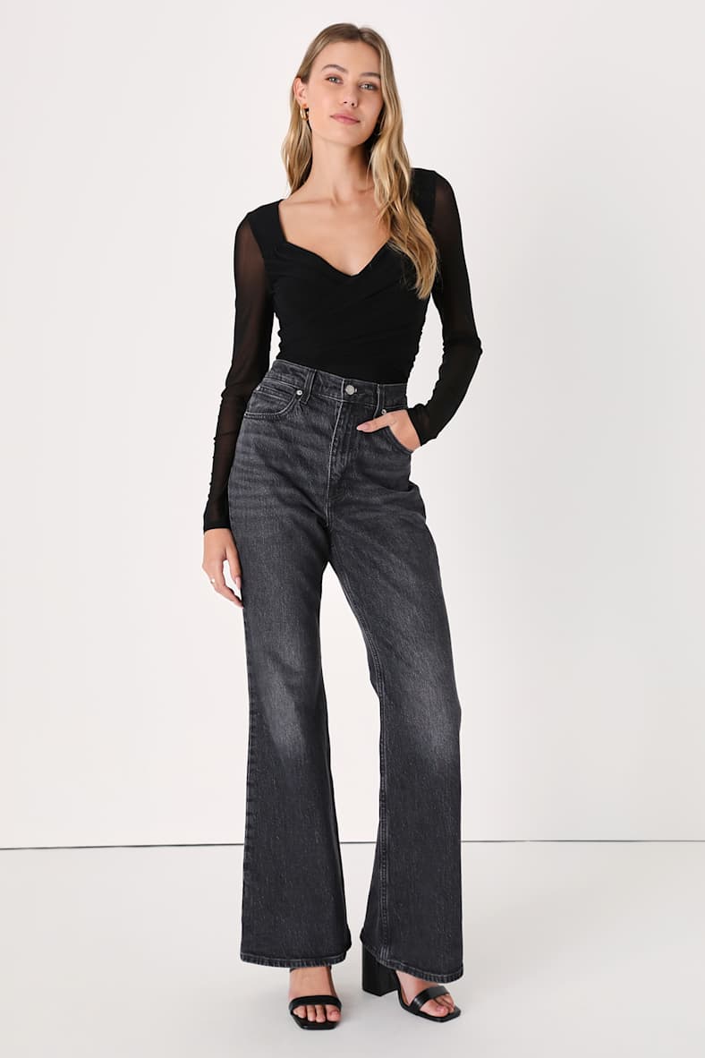 Sheer Confidence Black Mesh Ruched Long Sleeve Bodysuit