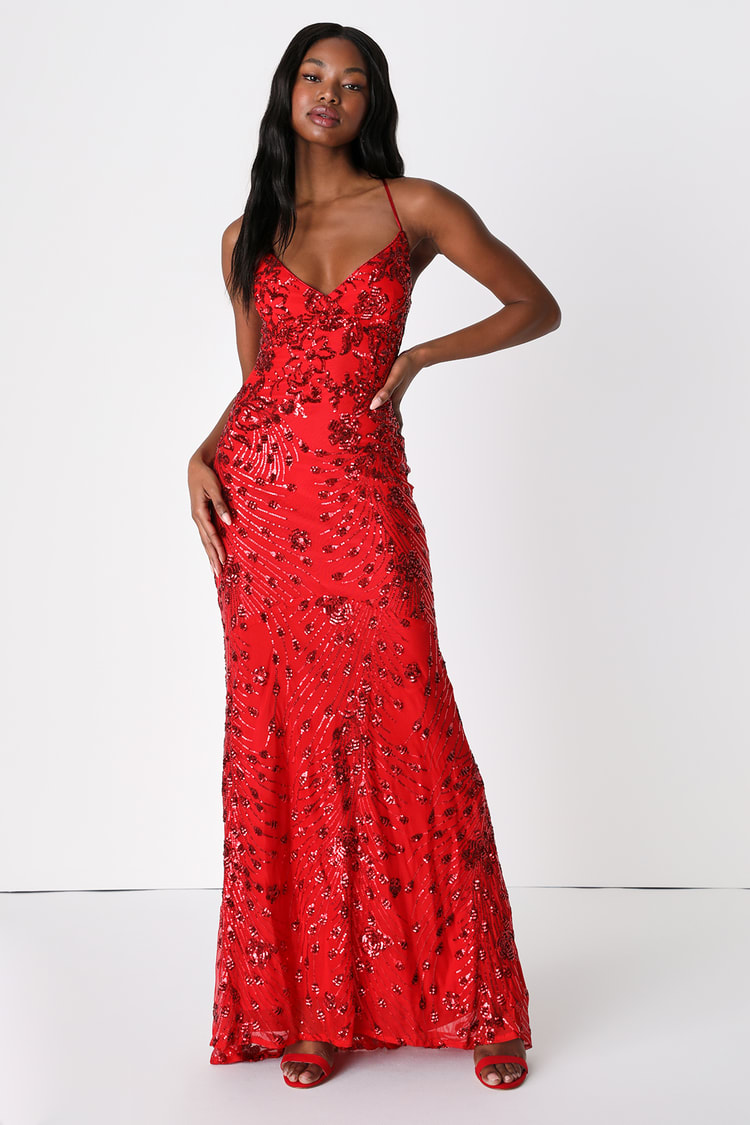 Photo Finish Red Sequin Lace-Up Maxi Dress