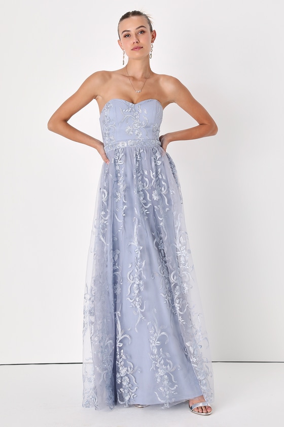 Lulus Andria Slate Blue Embroidered Strapless Maxi Dress