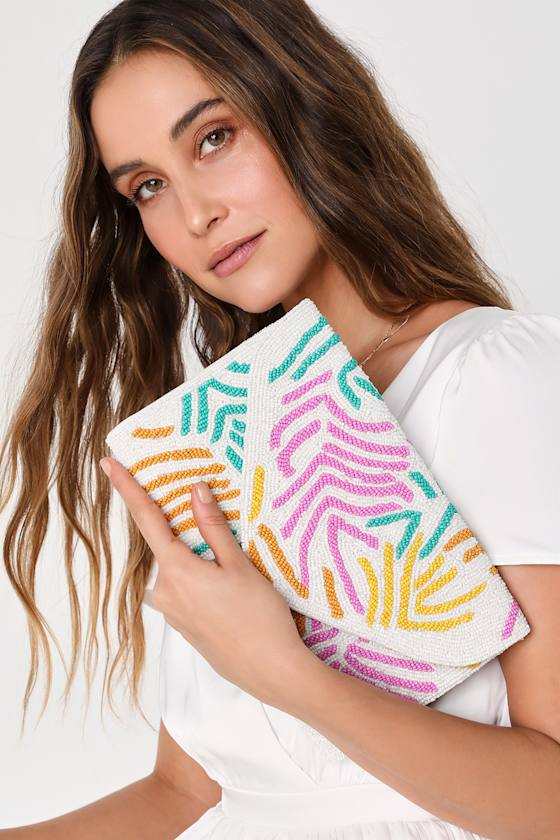 Vibrant Style White Multi Leaf Beaded Clutch 2