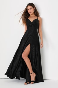 Forever Exquisite Black Satin Surplice Maxi Dress