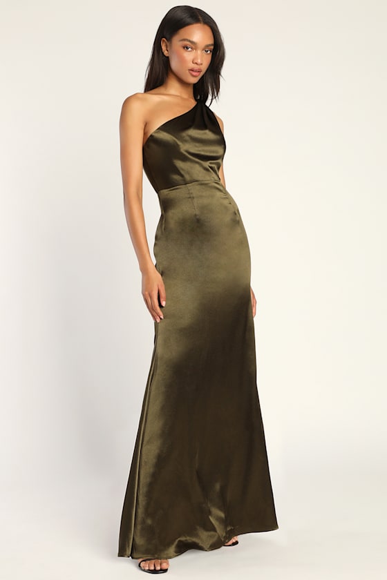 On the Guest List Olive Green Satin One-Shoulder Maxi Dress 8