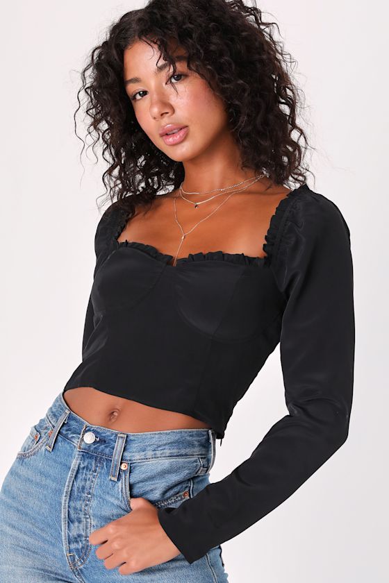 Layed Ruffed Crop Top Black Crop Top - Long Sleeve Crop Top - Ruffle Trim Crop Top - Lulus