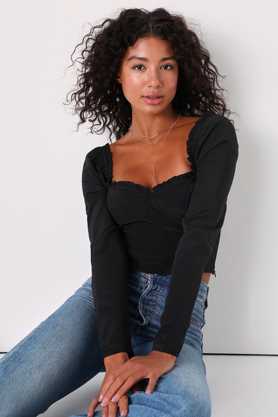 Black Crop Top - Long Sleeve Crop Top - Ruffle Trim Crop Top - Lulus