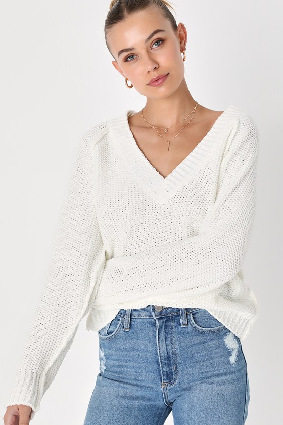 Ivory Long Sleeve Sweater - V-Neck Sweater - Chenille Sweater - Lulus
